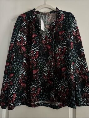 Folk Black Floral V-Neck Blouse with Red & Teal Accents